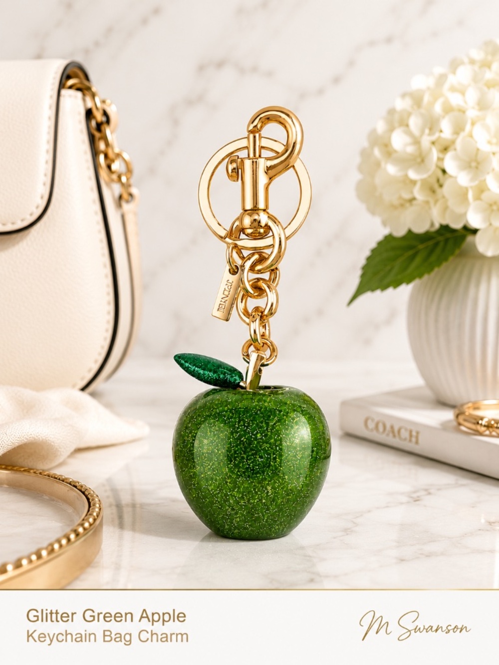 NEW Large Glitter Green Apple Keychain Bag Charm | Gold Hardware